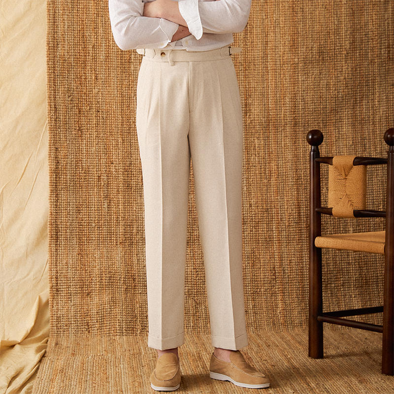 Men's Monaco Linen Double Pleated Straight Fit Trousers