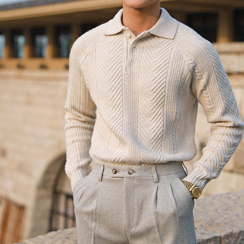 Men's Patten Knitted Long Sleeve Polo Shirt
