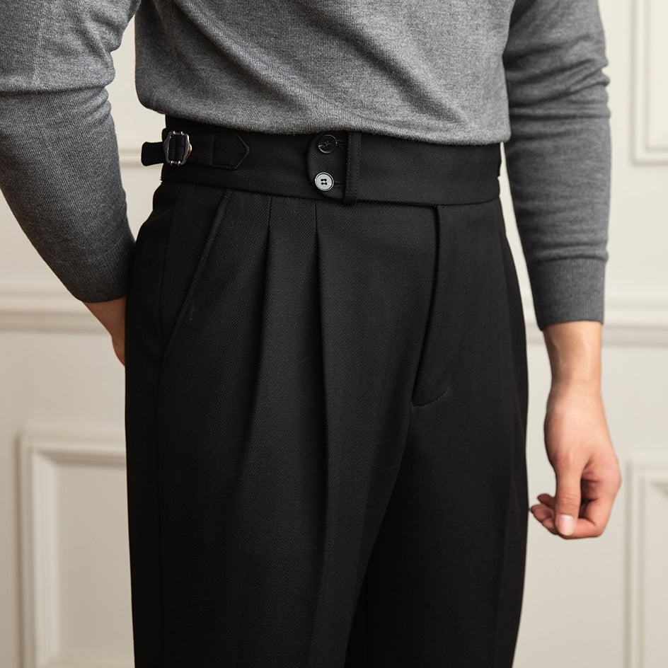 Men's Tuscany Herringbone Wool Blend Double Pleated Trousers
