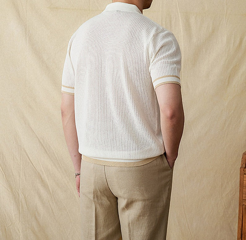 Men’s Contrast Crochet Knit Short Sleeve Polo Shirt