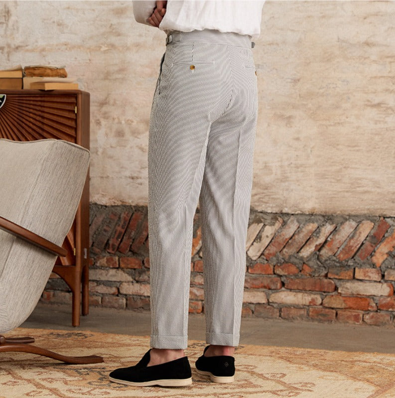 Men’s Seersucker Double Pleated Straight Fit Trousers