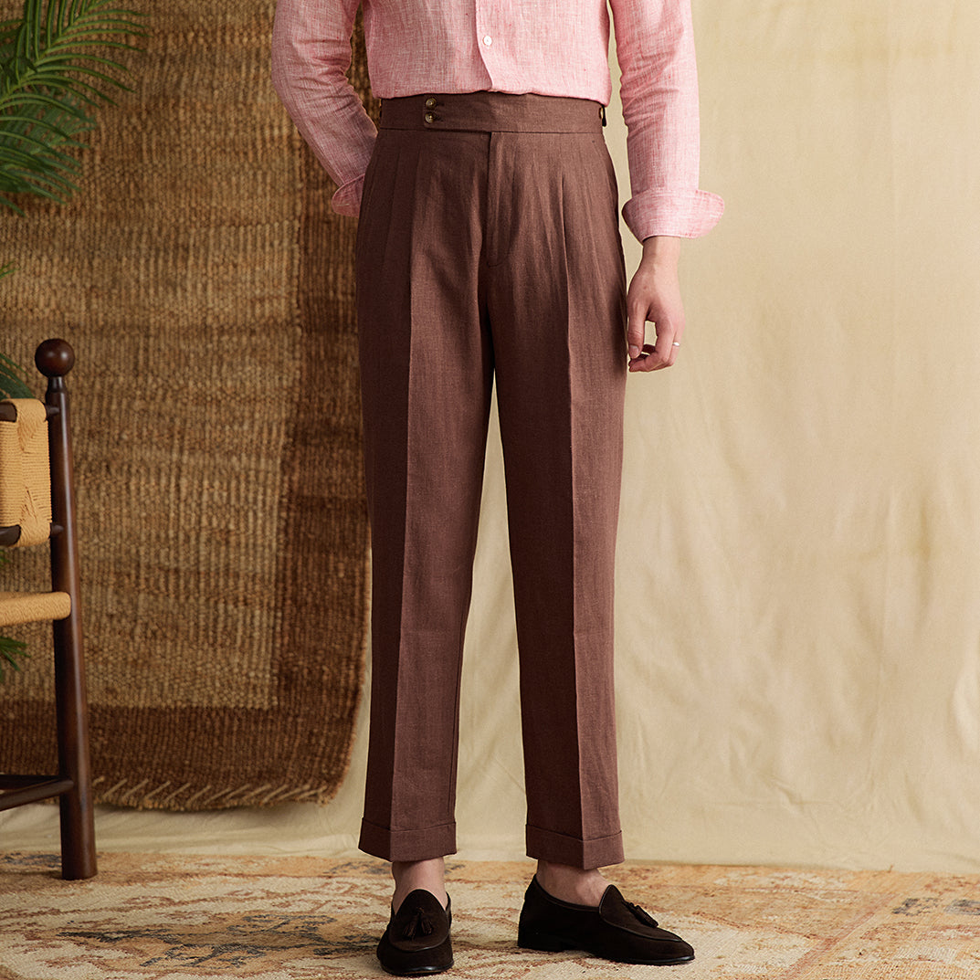 Men's Portofino Linen Double Pleated Straight Fit Trousers
