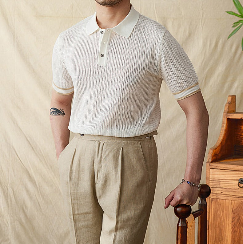 Men’s Contrast Crochet Knit Short Sleeve Polo Shirt