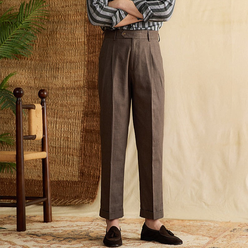 Men's Bergamo Cotton Linen Blend Double Pleated Straight Fit Trousers