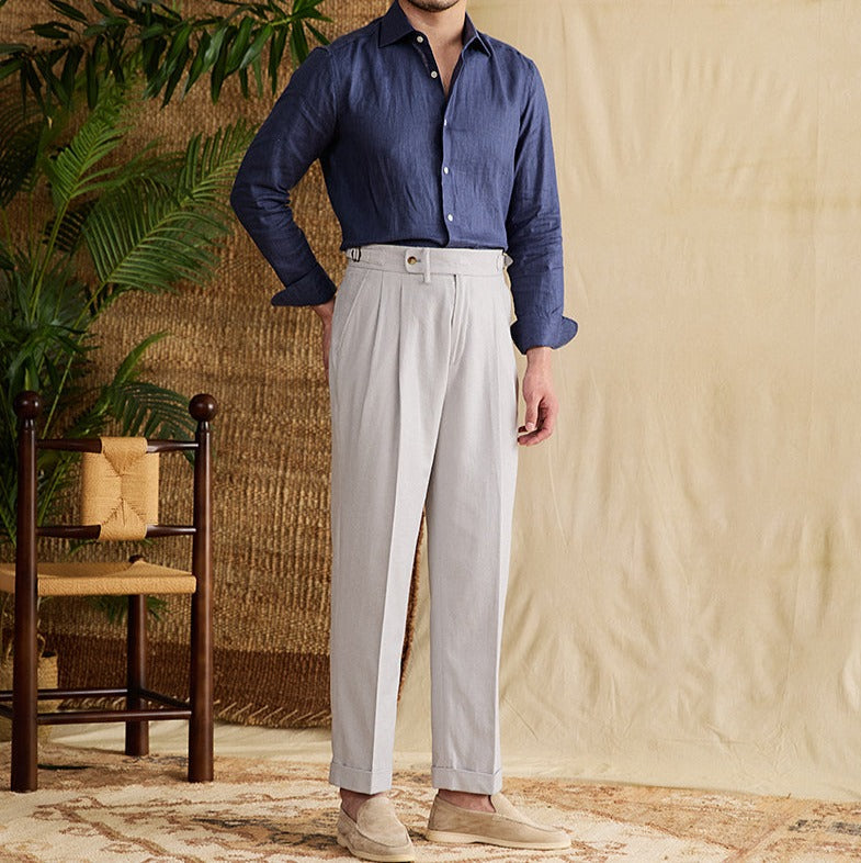 Men's Monaco Linen Double Pleated Straight Fit Trousers