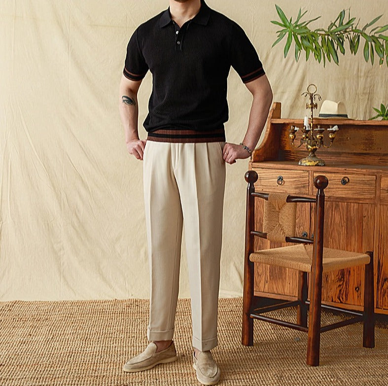 Men’s Contrast Crochet Knit Short Sleeve Polo Shirt