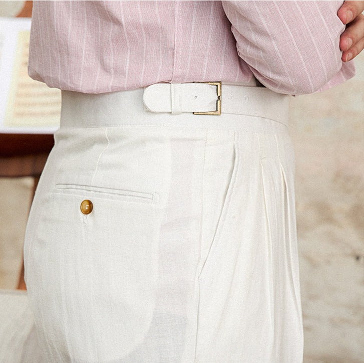 Men's Napolitana Linen Blend Double Pleated Straight Fit Trousers