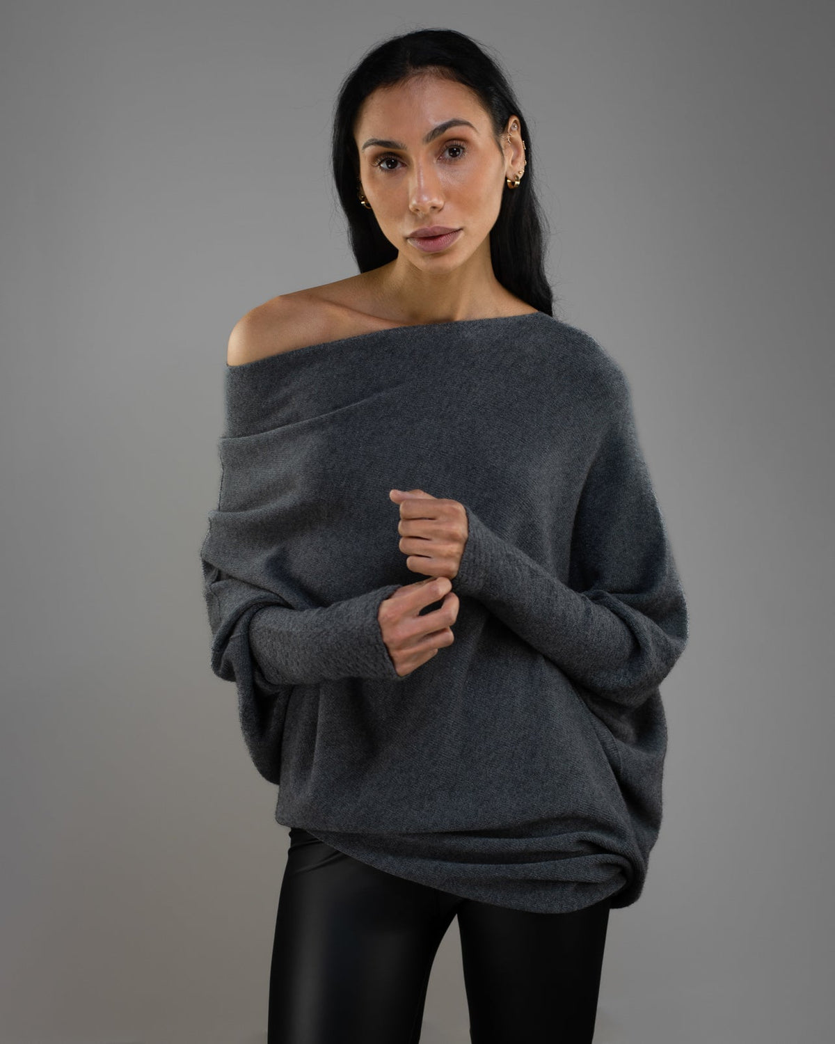 Women's Charcoal Asymmetric Draped Knit Top