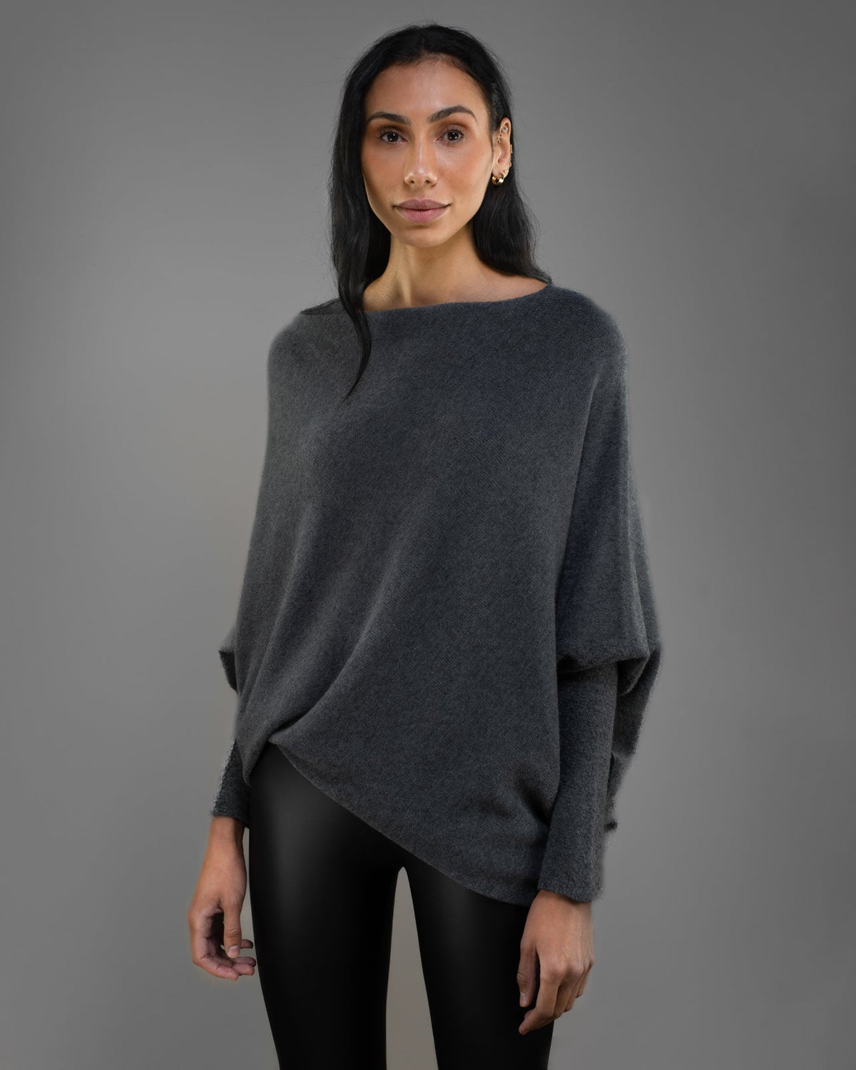 Women's Charcoal Asymmetric Draped Knit Top