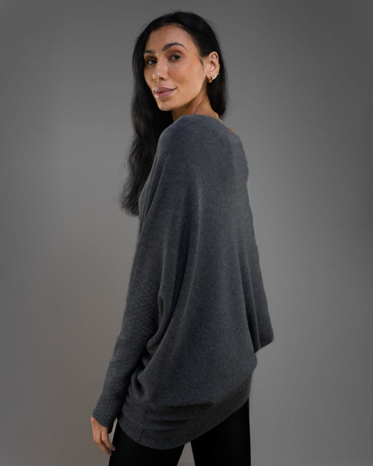 Women's Charcoal Asymmetric Draped Knit Top