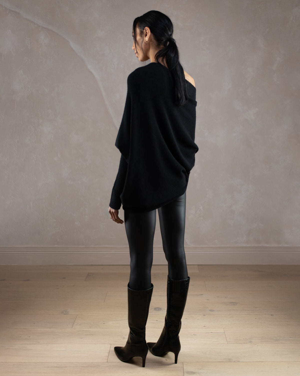 Women's Black Asymmetrical Draped Seamless Knit Top
