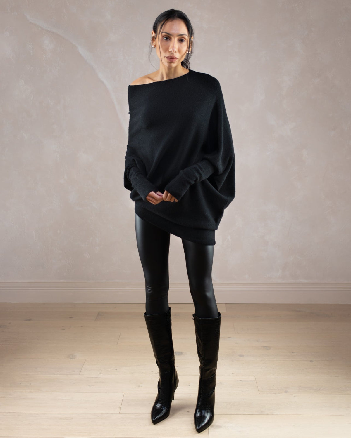Women's Black Asymmetrical Draped Seamless Knit Top