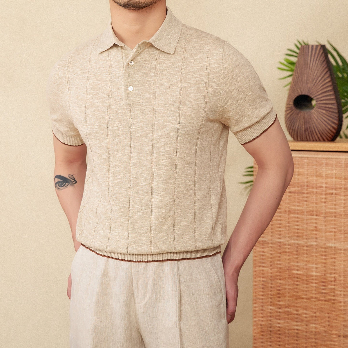 Men's Pleated Cotton-Linen Blend Short Sleeve Polo Shirt