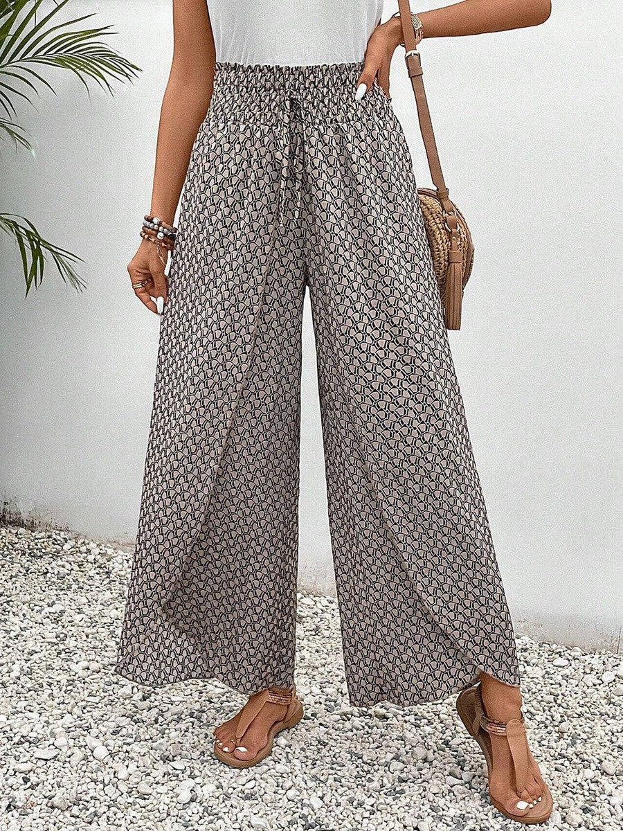 Women’s Brown Printed Trousers, Elastic Waistband, Drawstring, Viscose Stretch Pants