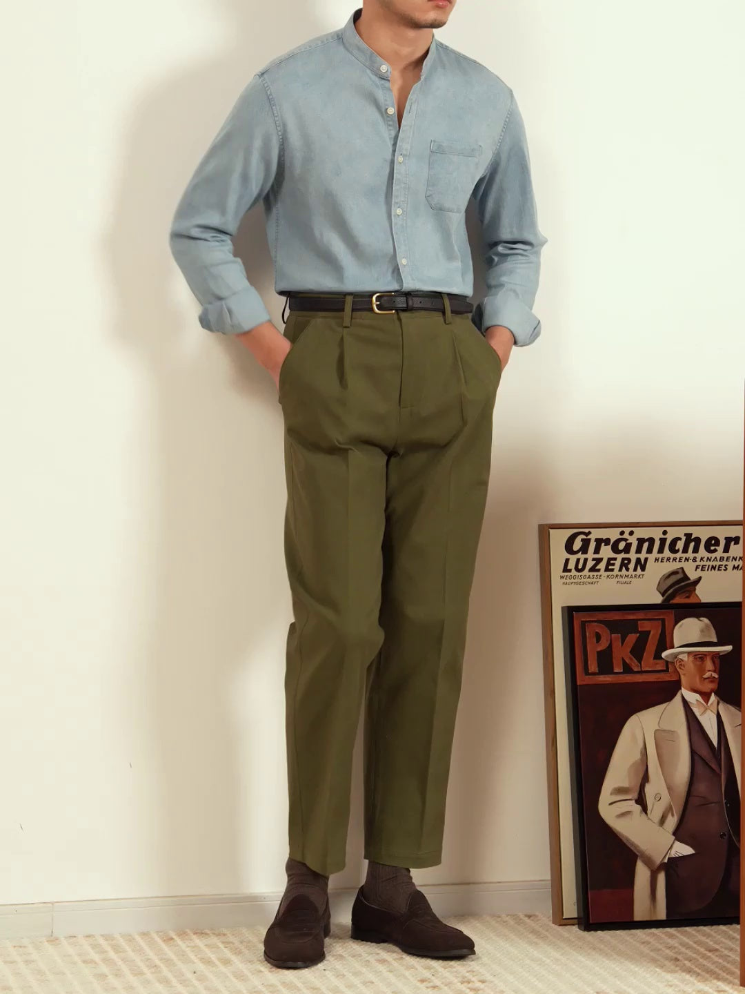 Men's Cotton Straight-Fit Trousers with Pleats