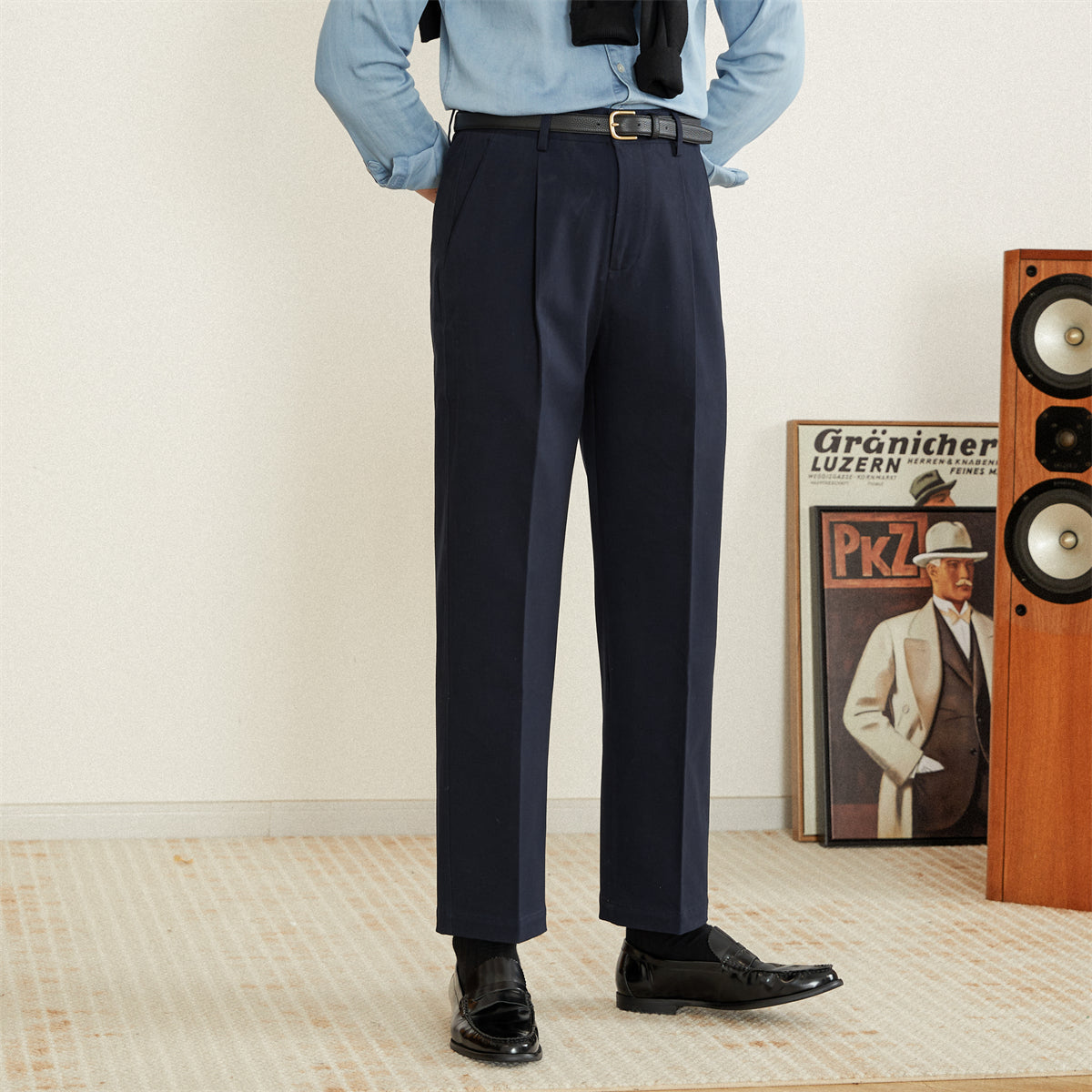 Men's Cotton Straight-Fit Trousers with Pleats