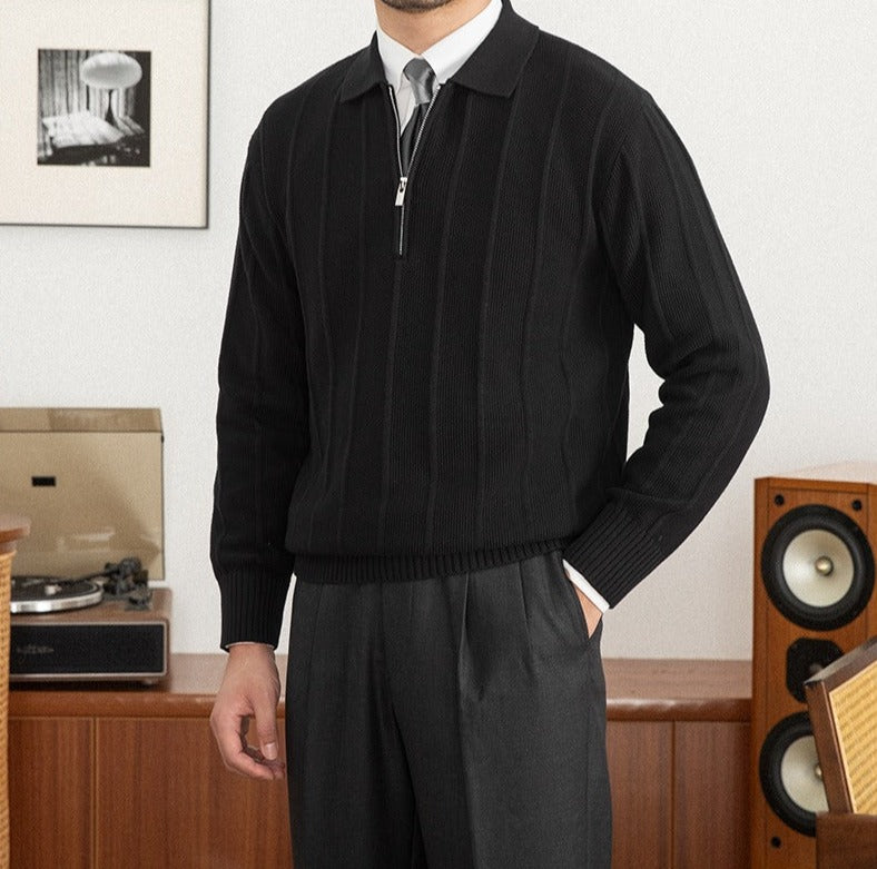 Men's Pleated Elegance Polo Half Zip Knitted Sweater
