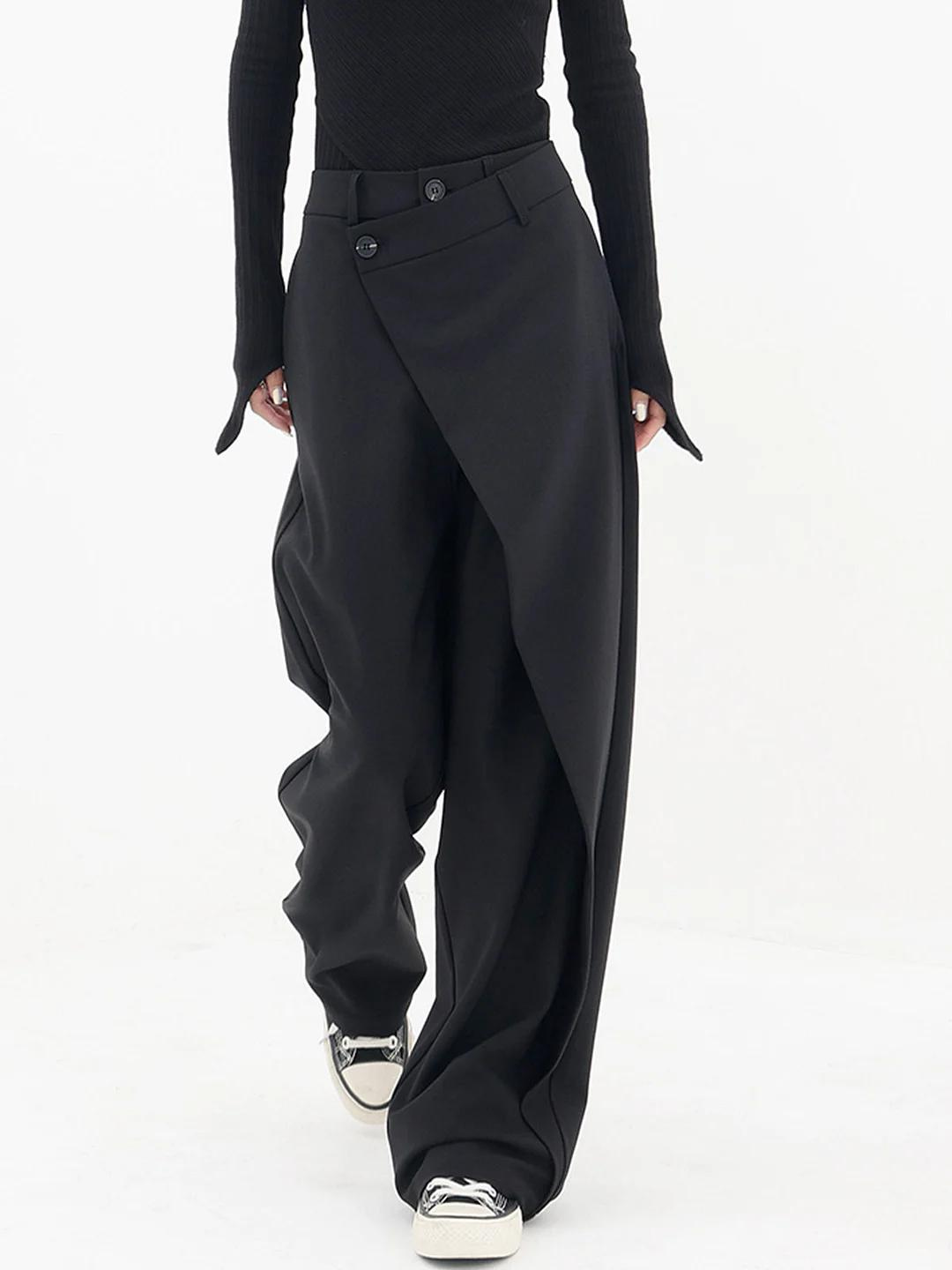 Women's Baggy Pants with Asymmetrical Waist, Wide Leg, Dropped Crotch and Button Closure
