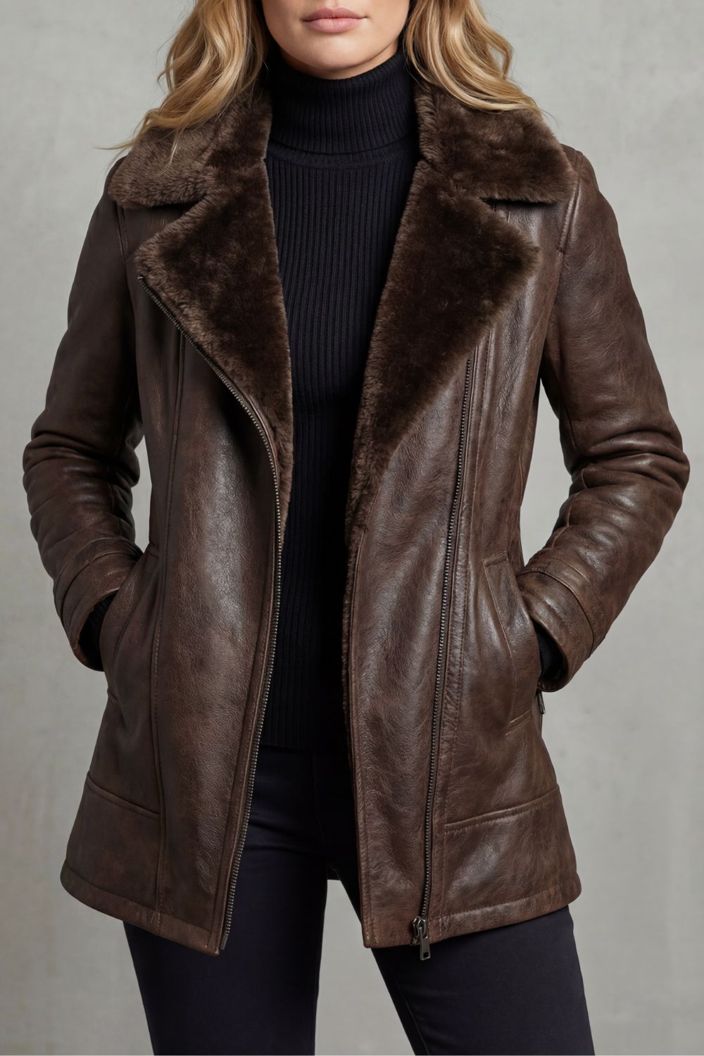 Women’s Leather Jacket with Shearling Collar