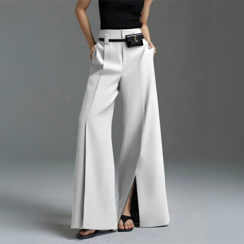 Women's Wide Leg High Waist Trousers with Front Slit and Pleats, Wrinkle-Free, Elegant for Office and Casual Wear