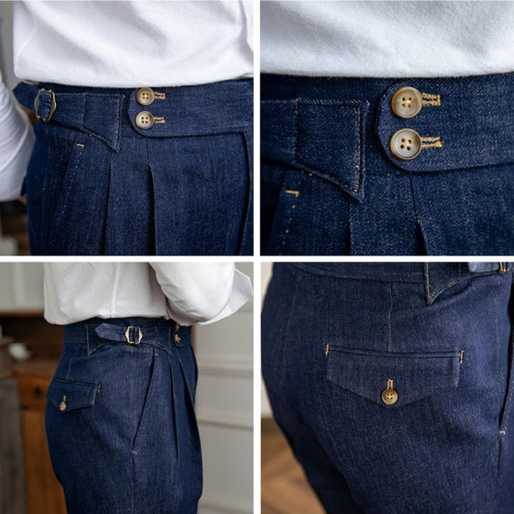 Men's Denim Workwear Trousers with Double Pleats