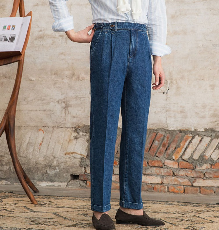 Men's Barcelona Cotton Pleated Straight Fit Denim Trousers