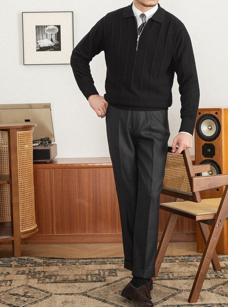 Men's Pleated Elegance Polo Half Zip Knitted Sweater