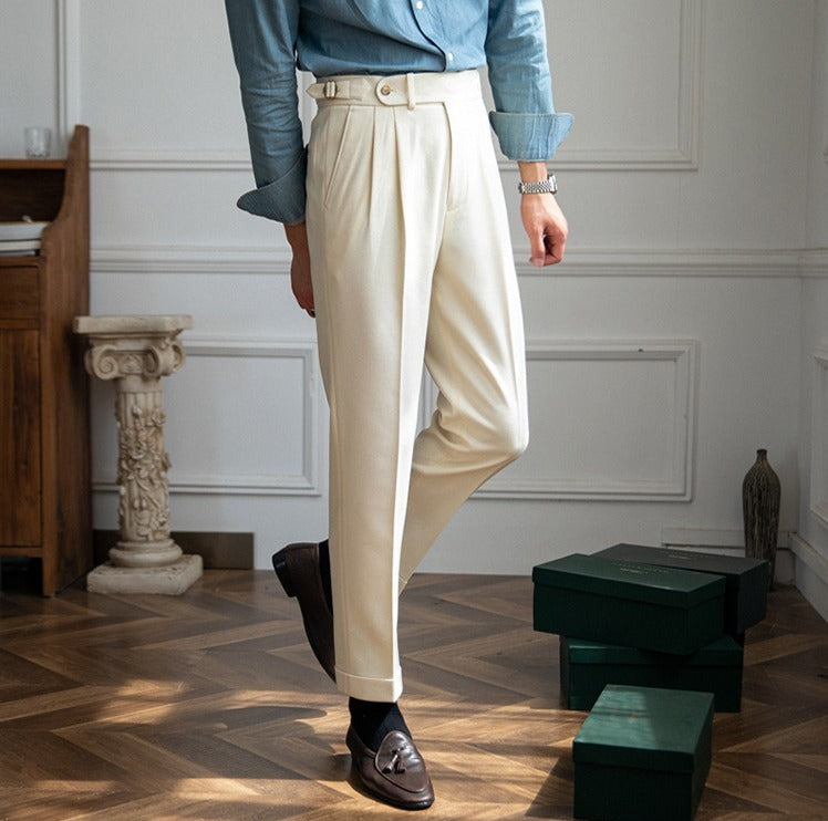 Men's Wool Blend Textured Trousers with Double Pleats