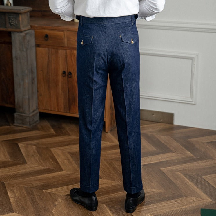 Men's Denim Workwear Trousers with Double Pleats