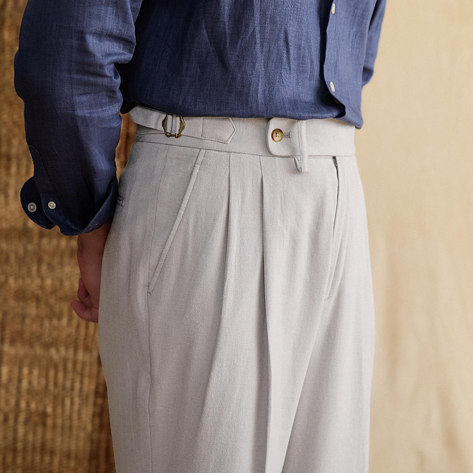 Men's Monaco Linen Double Pleated Straight Fit Trousers