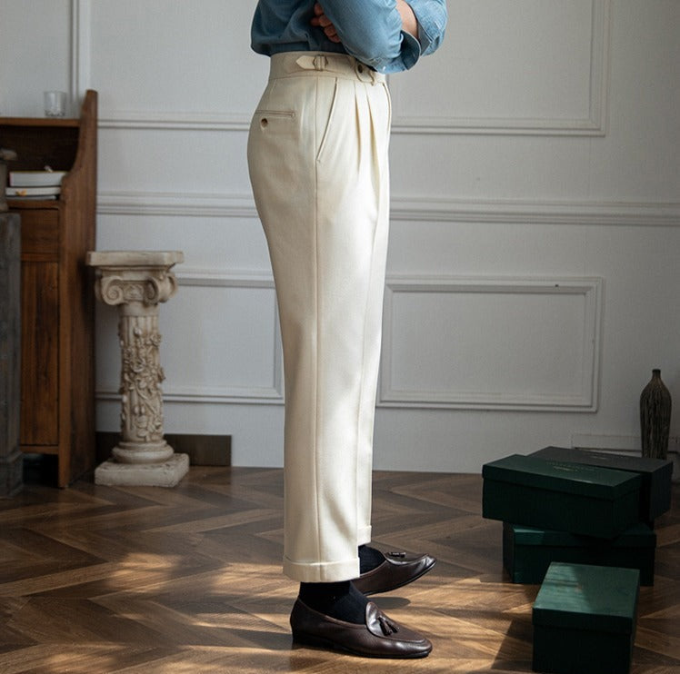 Men's Wool Blend Textured Trousers with Double Pleats