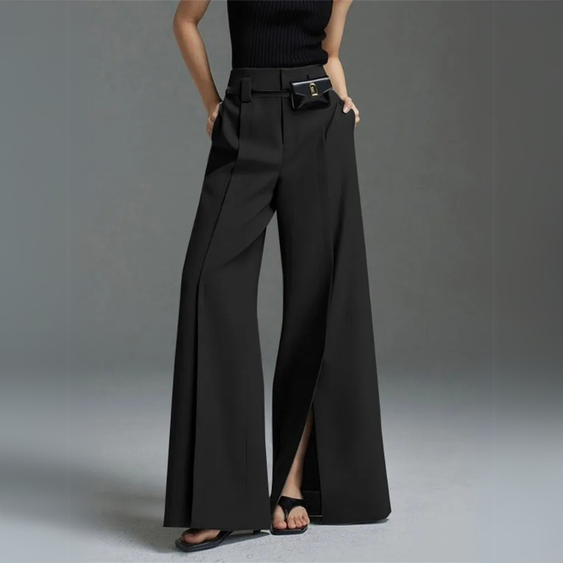 Women's Wide Leg High Waist Trousers with Front Slit and Pleats, Wrinkle-Free, Elegant for Office and Casual Wear
