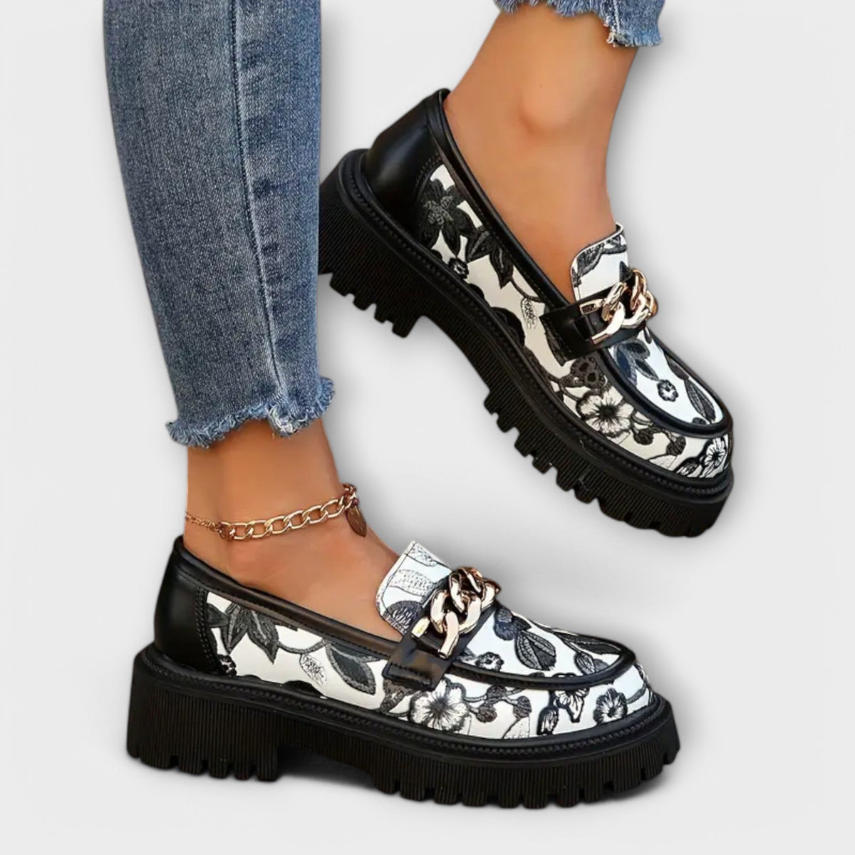 Women’s Floral Loafers with Metal Buckle, Thick Sole, Comfortable Summer Slip-On Shoes