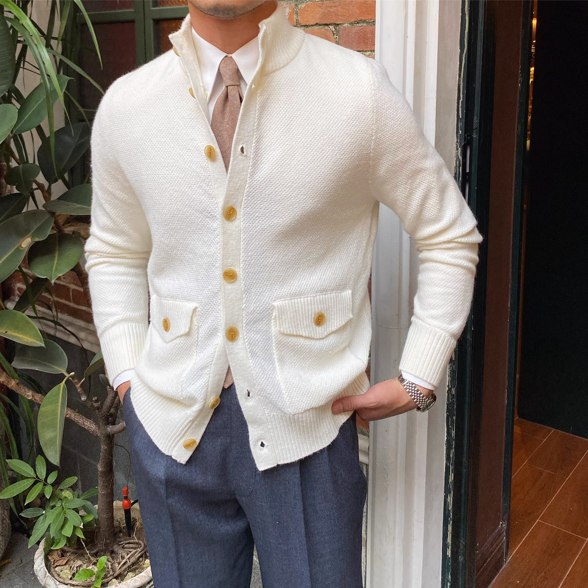 Men's Textured Button Up Knit Cardigan