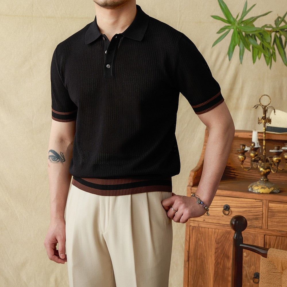 Men’s Contrast Crochet Knit Short Sleeve Polo Shirt