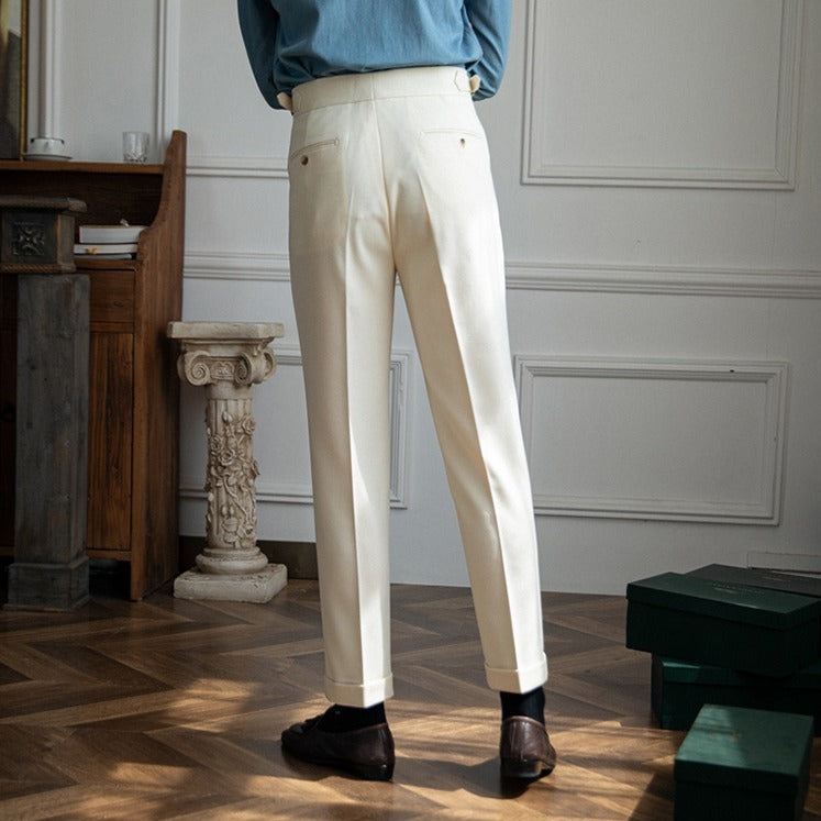 Men's Wool Blend Textured Trousers with Double Pleats