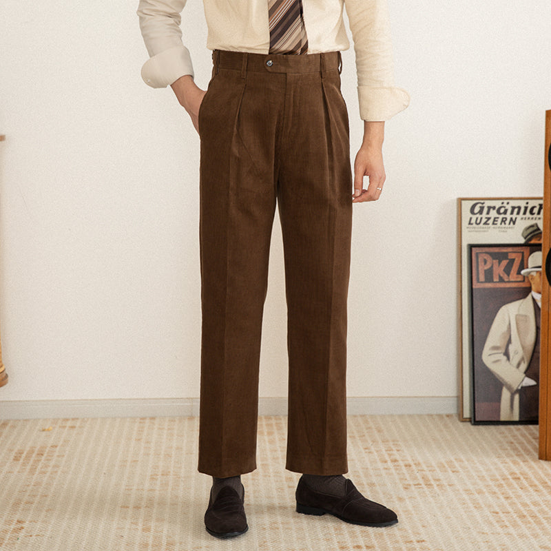 Men's Cotton Corduroy Straight-Fit Trousers with Pleats