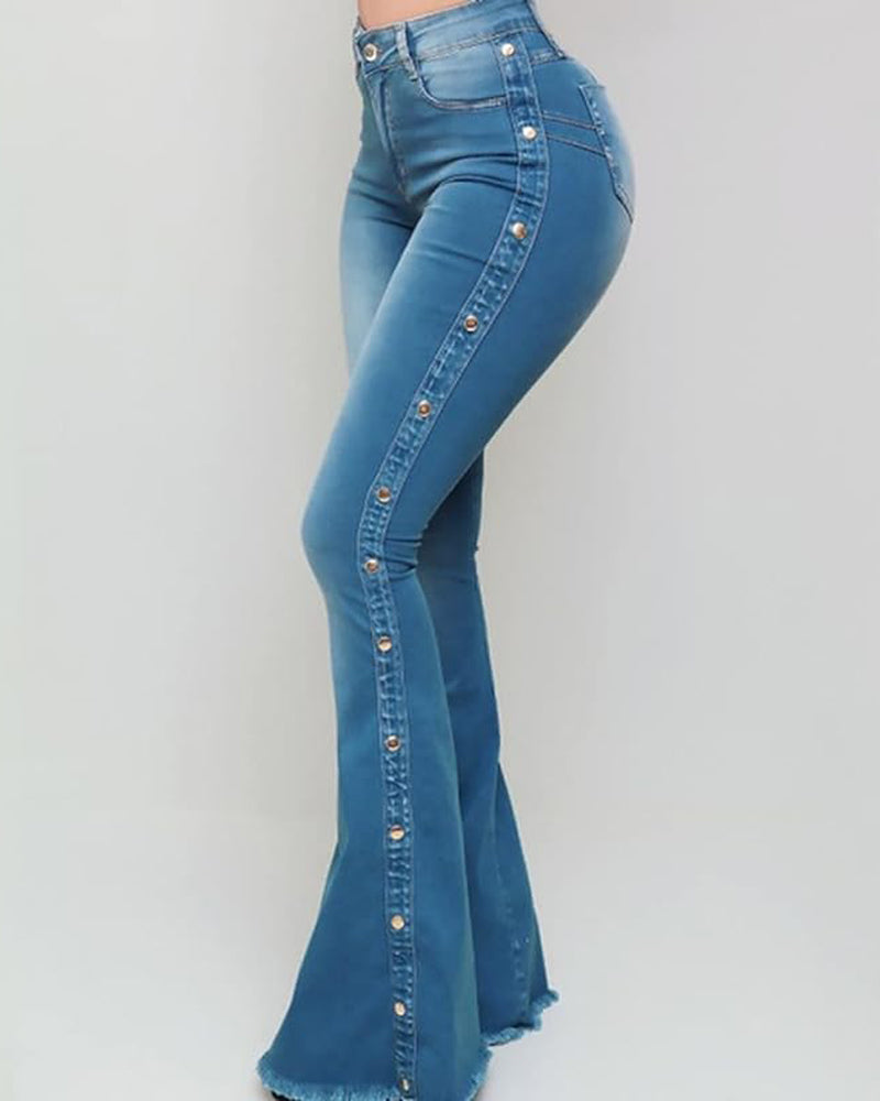 Women’s High-Waist Flared Jeans with Side Buttons, Retro Denim Trousers