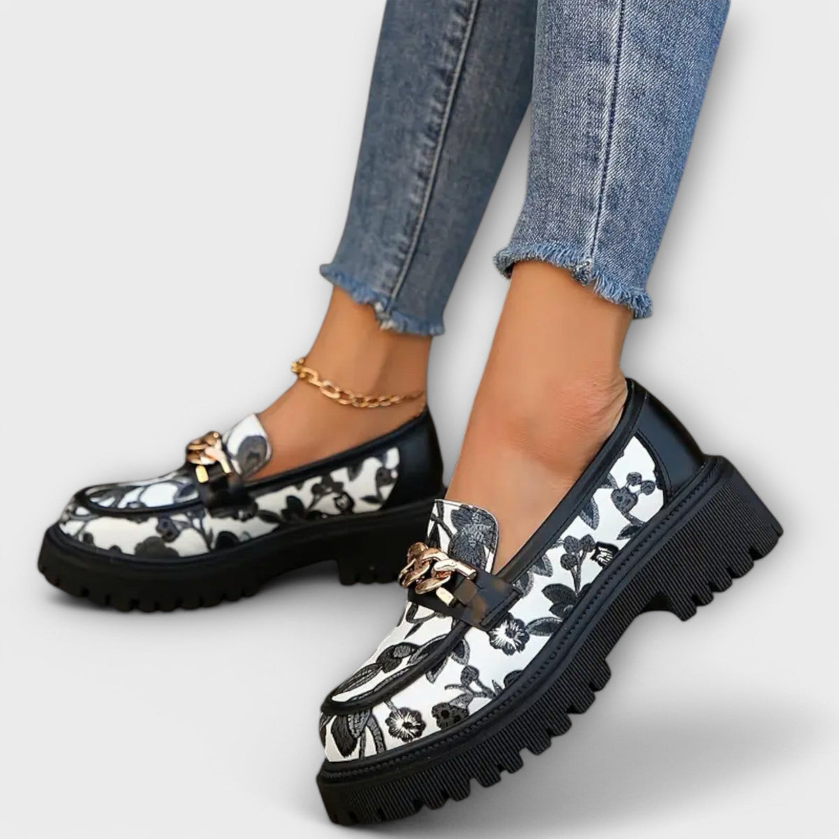Women’s Floral Loafers with Metal Buckle, Thick Sole, Comfortable Summer Slip-On Shoes