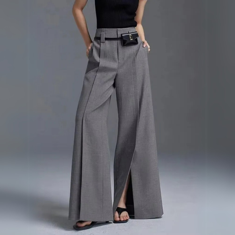 Women's Wide Leg High Waist Trousers with Front Slit and Pleats, Wrinkle-Free, Elegant for Office and Casual Wear