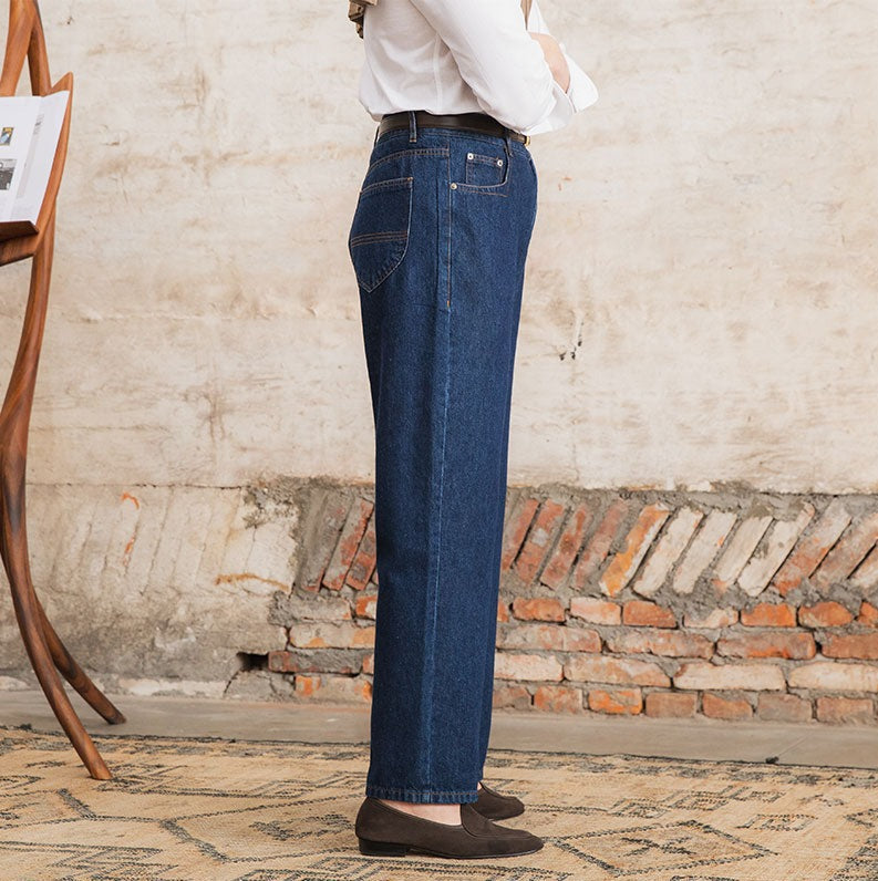 Men's Paris Cotton Pleated Straight Fit Denim Trousers