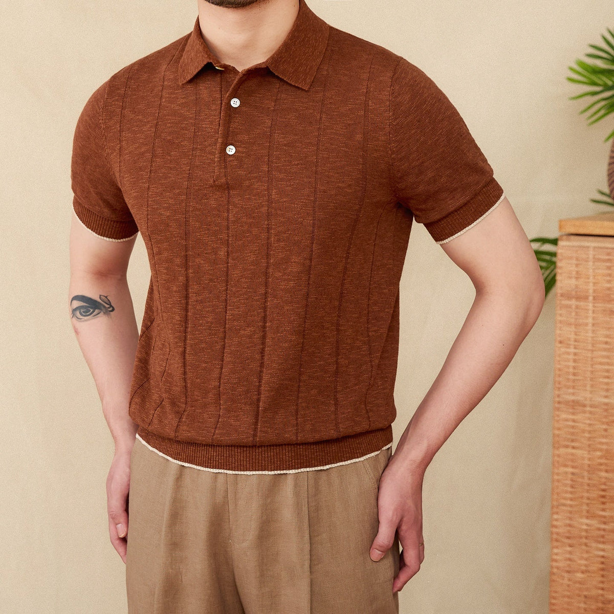 Men's Pleated Cotton-Linen Blend Short Sleeve Polo Shirt