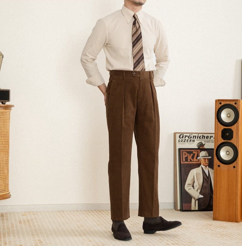 Men's Cotton Corduroy Straight-Fit Trousers with Pleats