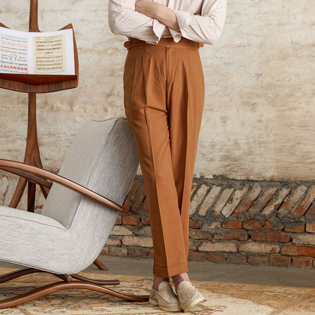Men's Napolitana Linen Blend Double Pleated Straight Fit Trousers