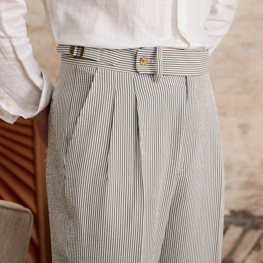 Men’s Seersucker Double Pleated Straight Fit Trousers