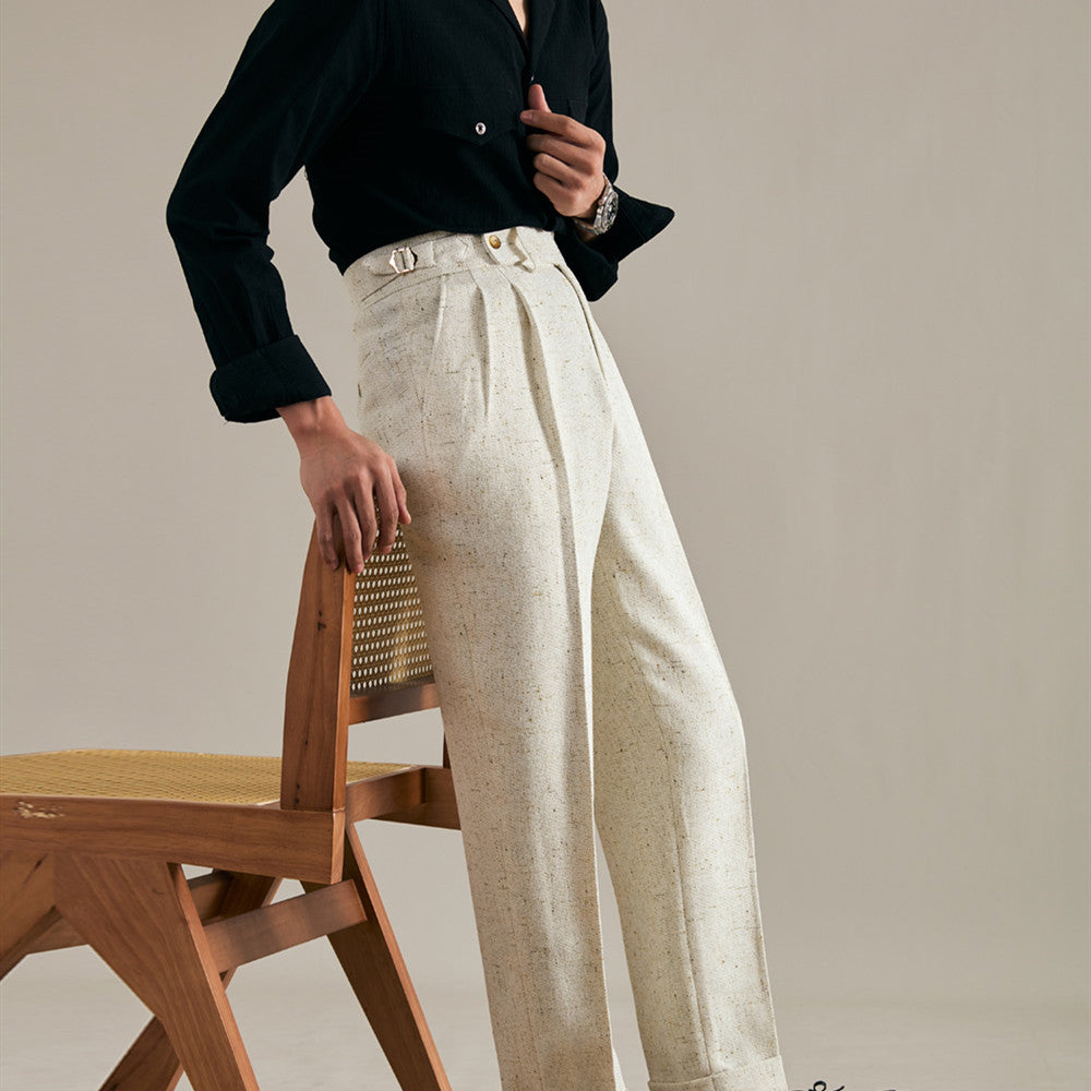 Men's Linen Straight-Fit Trousers with Double Pleats