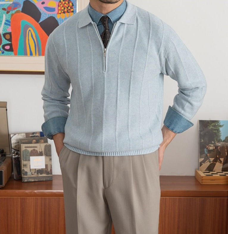 Men's Pleated Elegance Polo Half Zip Knitted Sweater