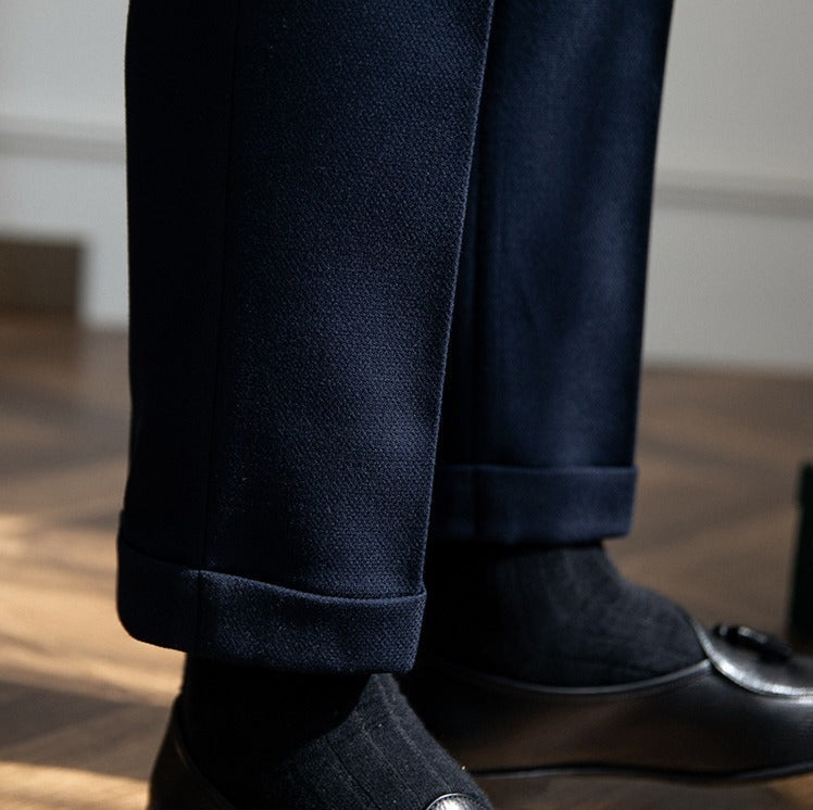 Men's Wool Blend Textured Trousers with Double Pleats