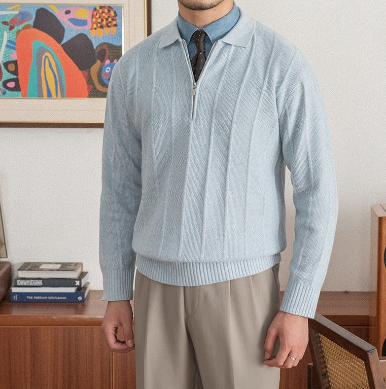 Men's Pleated Elegance Polo Half Zip Knitted Sweater