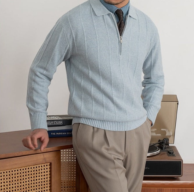 Men's Pleated Elegance Polo Half Zip Knitted Sweater